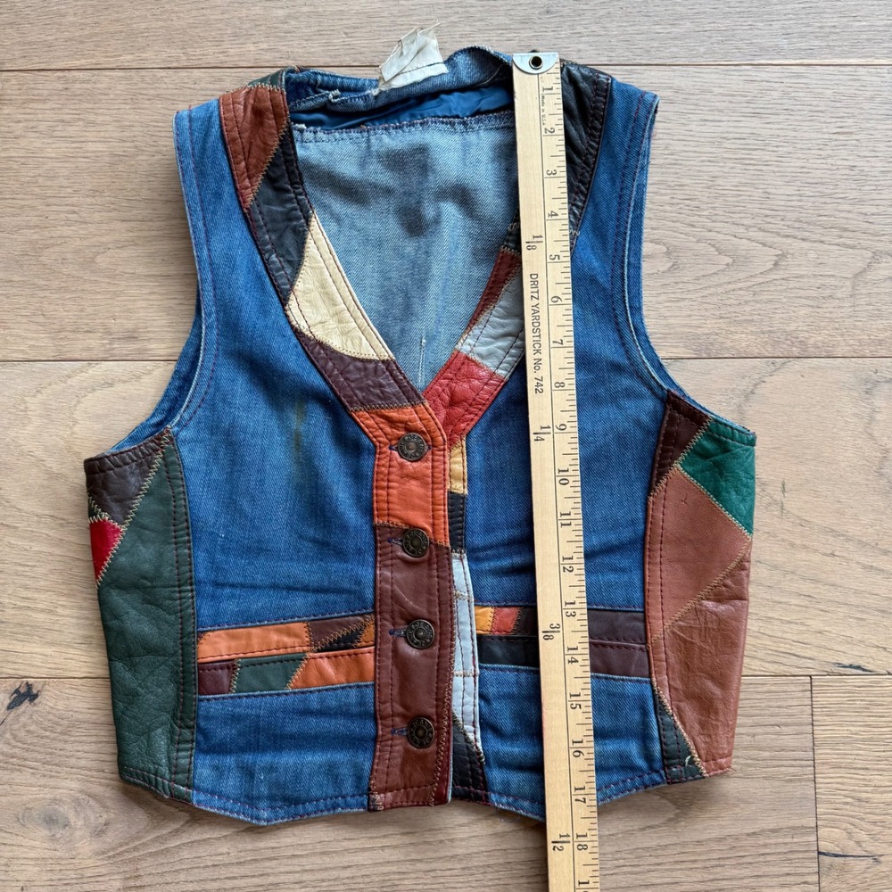 Vintage‎ 70s Aura Denim Leather Patchwork 2 Piece Set Vest Flare Pants M 13/14 - Picture 7 of 12